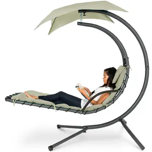 Best Choice Products Hanging Curved Chaise Lounge Chair Swing for Backyard, Patio w/ Pillow, Shade, Stand