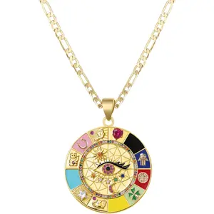 14K Gold Plated Round Evil Eye Necklace for Women Men Boho Enamel Zircon Inlay ojo Hamsa Turkish Greek Evil Eye Pendant Necklaces |   3mm Figaro Chain Necklace