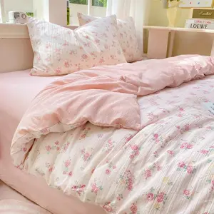 Cherry Blossom Rose Print Bedding Set, French Court Romantic Quilt Cover Four Piece Set, Vintage Garden Style, 100% Polyester, Comfortable