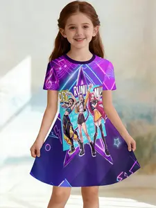 Girls' 3D Short Sleeve Dress, Neon Stage Kda Idol Full Print Summer Dress, Perfect for Parties, Festivals, Gifts, Birthday Presents