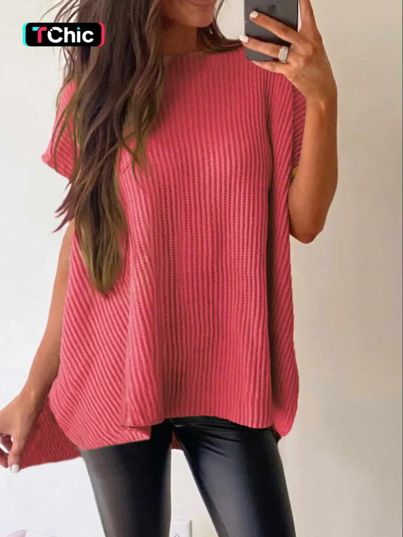 Women's Plain Textured Split Hem Batwing Sleeve Knit Top, Casual Short Sleeve Round Neck Knitwear for Summer, Fashion Women's Knit Clothing for Daily