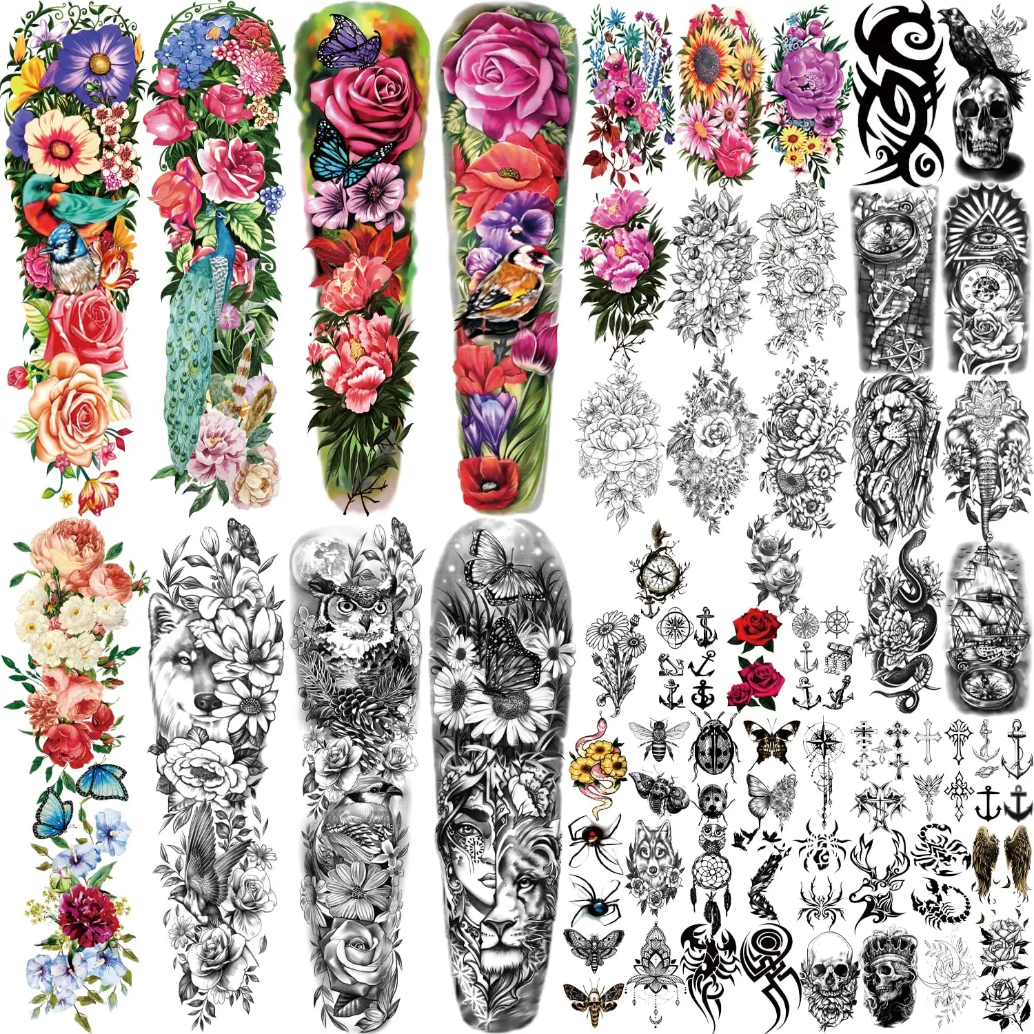 55 Sheets Temporary Tattoo for Men and Women, 8 Full Arm Fake Tattoos, 17 Half Arm Fake Skull Flower Tattoos, 30 Tiny for Adults Kids Body Shoulder Tattoos Stickers Waterproof Realistic Long-Lasting