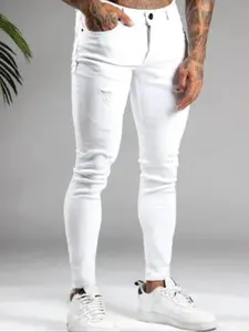 Men's Denim Jeans Washed Trendy Spring Autumn Elastic Fashion Slim Fit Daily Ripped Pure Skinny Pants Streetwear