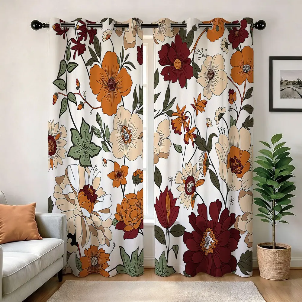 Colorful Floral Blackout Curtains, Boho Retro Groovy Hippie Funky Flowers Room Darkening, Modern Art Bedroom Living Room Decor Interior Decoration Accessories Grommet Window Drapes 2 Panel