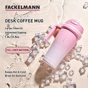 FACKELMANN 34oz/1L Desk Cup, 3-Way Lid (Sip, Straw, Open), 316L Stainless Steel, Leak-Proof & Sweat-Proof, Large Capacity Tumbler for Office, Home & Gaming Desk, Coffee & Water Cup, #DeskSetup #CoffeeLover,Gift Cups