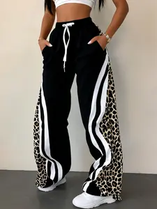 Plus Size Leopard Print Patchwork Women's Sweatpants Drawstring Sport Pants, Comfortable and Stylish Casual Wear for All Seasons