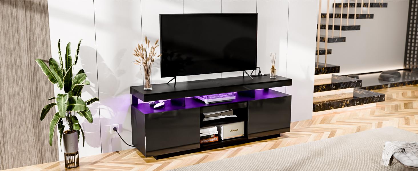 HOMMPA 75 Inch LED TV Stand, Modern Tall Entertainment Center with Power Outlets for Living Room, Bedroom, High Gloss Black TV Console with Storage, Gaming Media Cabinet for 75/70/65/55 Inch TVs