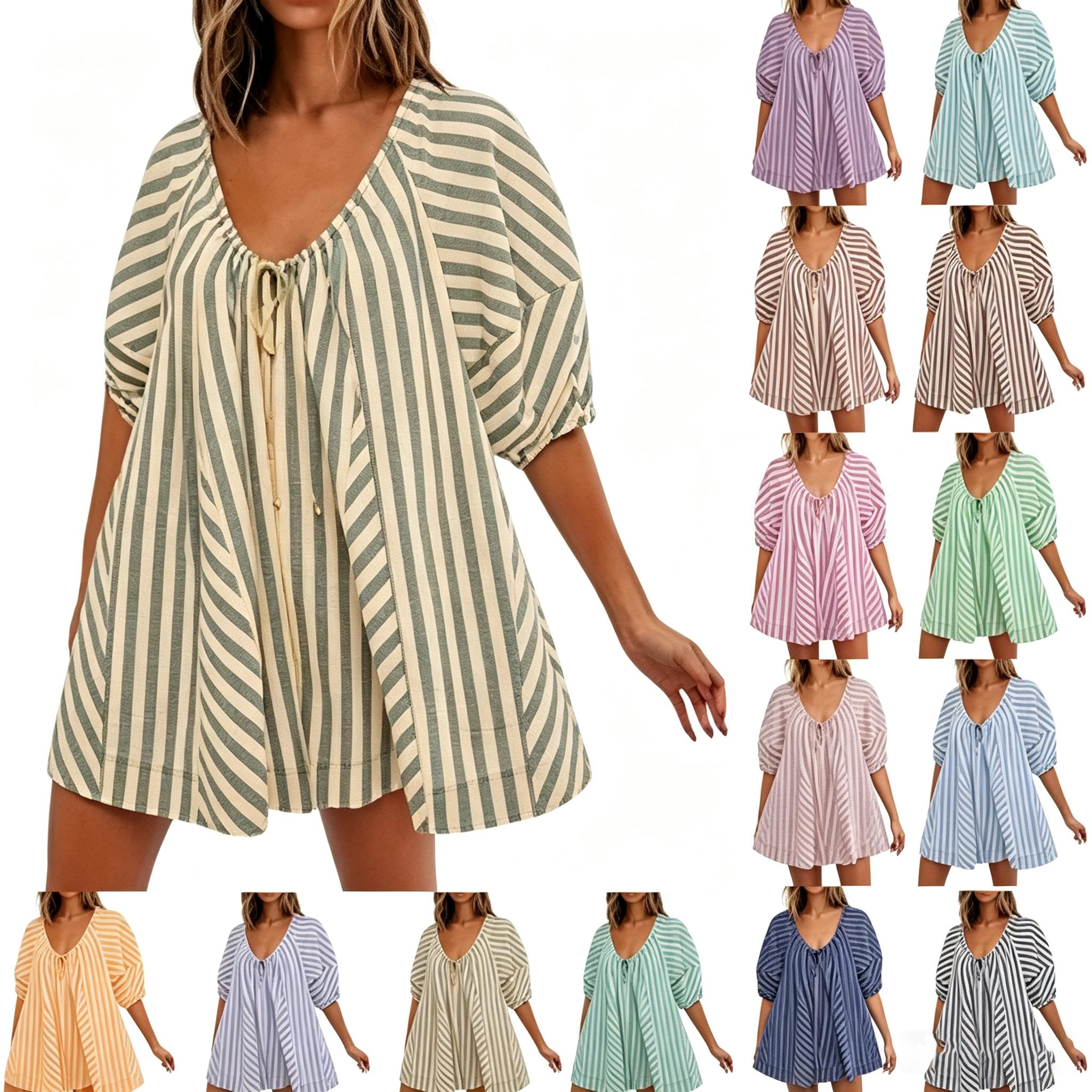 Women's Striped V-Neck Romper, Casual Loose Tie Front Wide Leg Short Jumpsuit, Flowy Summer Vacation Outfit