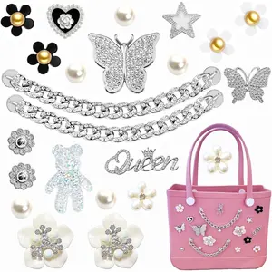 Bogg Bag Charms Accessories,Butterfly Pearl Flower Charms Set for Bogg Bag,Bling Bag Charms for Bogg Bag Rubber Beach Tote Bags