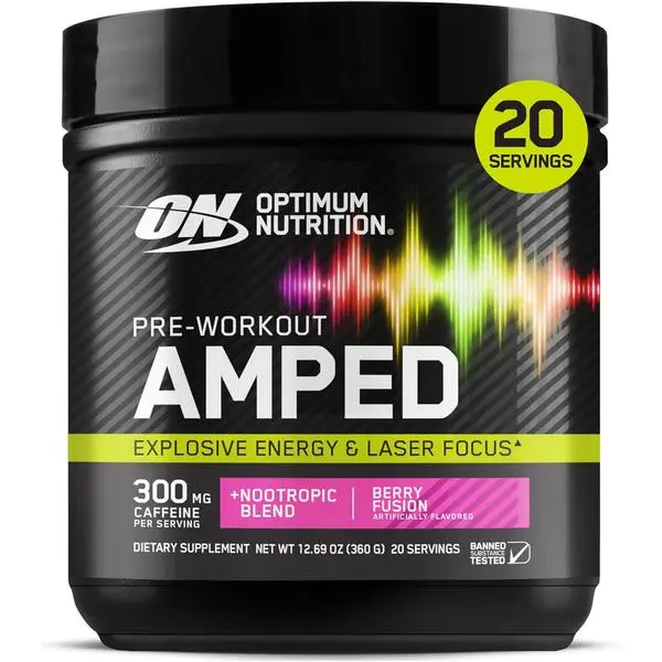 Optimum Nutrition Amped Pre-Workout, with Citrulline, Beta-Alanine, Nootropics and 300mg of Caffeine for Energy, Berry Fusion, 20 Servings (Packaging May Vary)