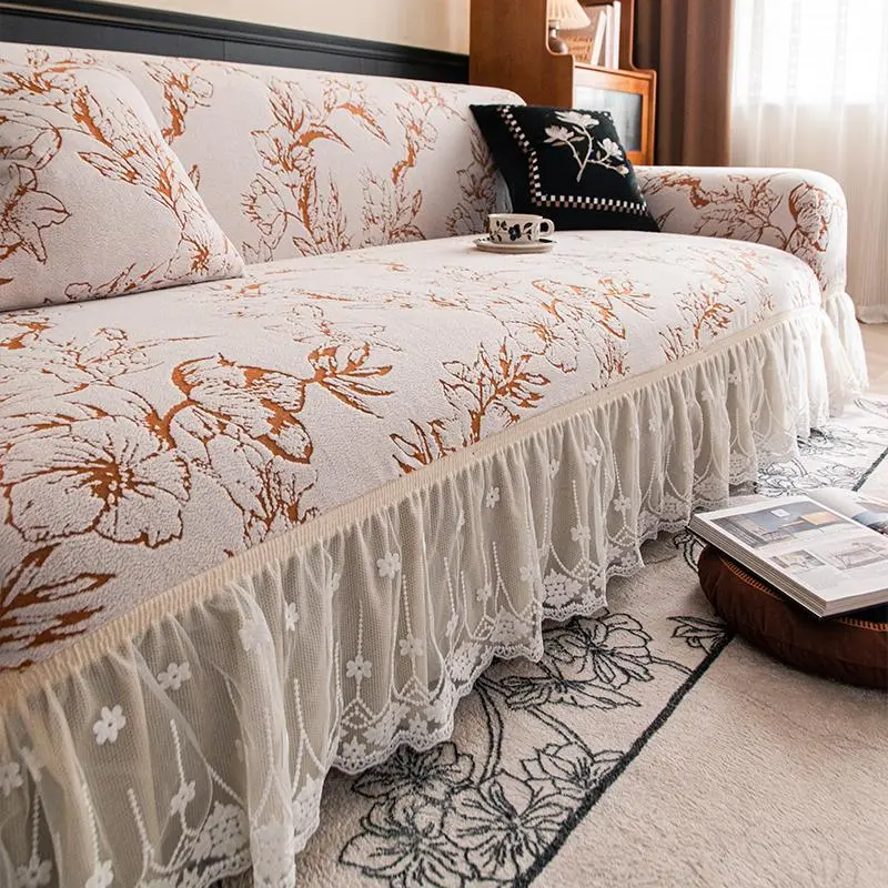 Floral Pattern Decorative Sofa Cover, 1 Count Dustproof Elastic Sofa Slipcover with Ruffle Trim, Sofa Couch Protector for Home Living Room, Home Decor