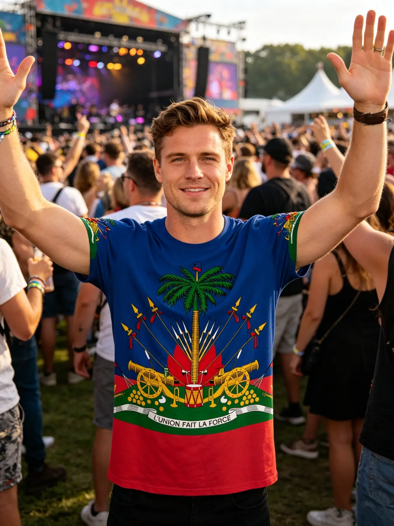 Haitian Pride Men's Casual Breathable Cultural Print Shirt, National Emblem L'union Fait La Force Patriotic Top, Haitian Culture Tropical Short Sleeve Tee for Independence Day
