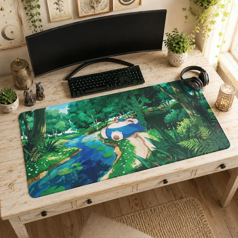 Cute Snorlax Moonlight Desk Mat, Large Anime Gaming Mouse Pad, Smooth Extended Keyboard Pad for Desk Setup
