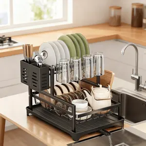 Modern 2 Tier Dish Drying Rack with Auto Drain System, Stylish Kitchen Counter Organizer Multifunctional