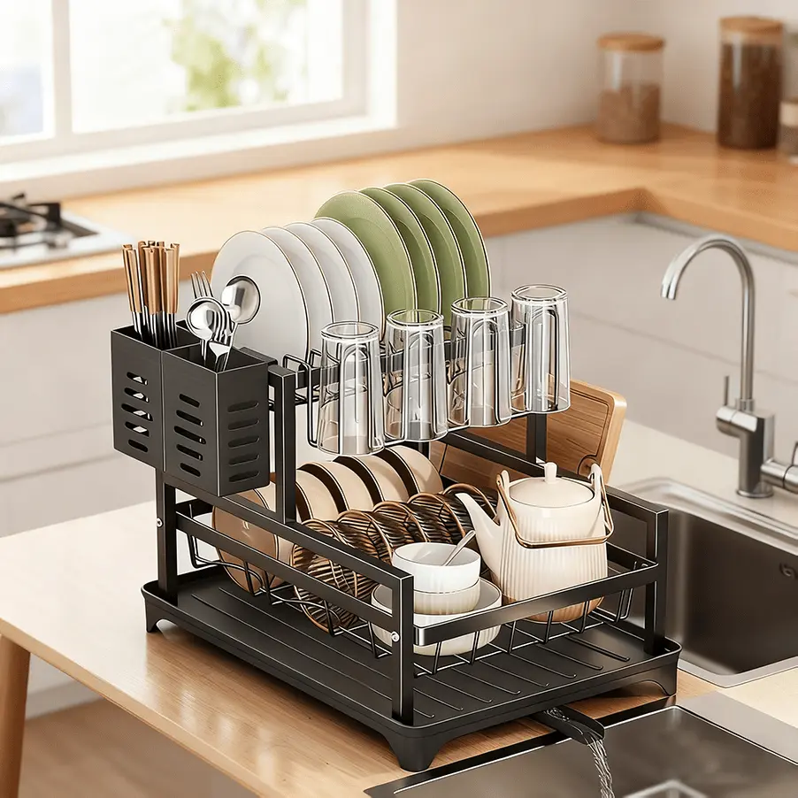 Modern 2 Tier Dish Drying Rack with Auto Drain System, Stylish Kitchen Counter Organizer Multifunctional
