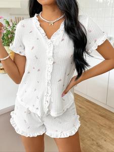 women's ditsy floral print frill button front blouse & shorts pyjama set, cute flounce sleeve v neck top & shorts set, soft comfy sleepwear set for women, pajama set, womenswear, summer loungewear, homewear, sleep pajamas shorts, loungewear pjs