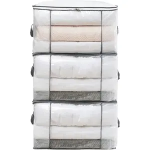 3 Pack 80L Large Clear Comforter Storage Bags,Clothes Storage Bins Foldable Closet Organizer Storage Containers and for Clothes, Blanket, Bed Sheets,Toys, Pillows(Gray)