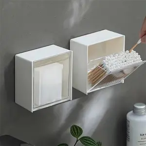 1pc non perforated adhesive wall mounted storage box (with flip cover) - bathroom shelf, Cosmetic organizer, suitable for cotton swabs, cosmetic pads, a space saving wall mounted cabinet container, quick to install