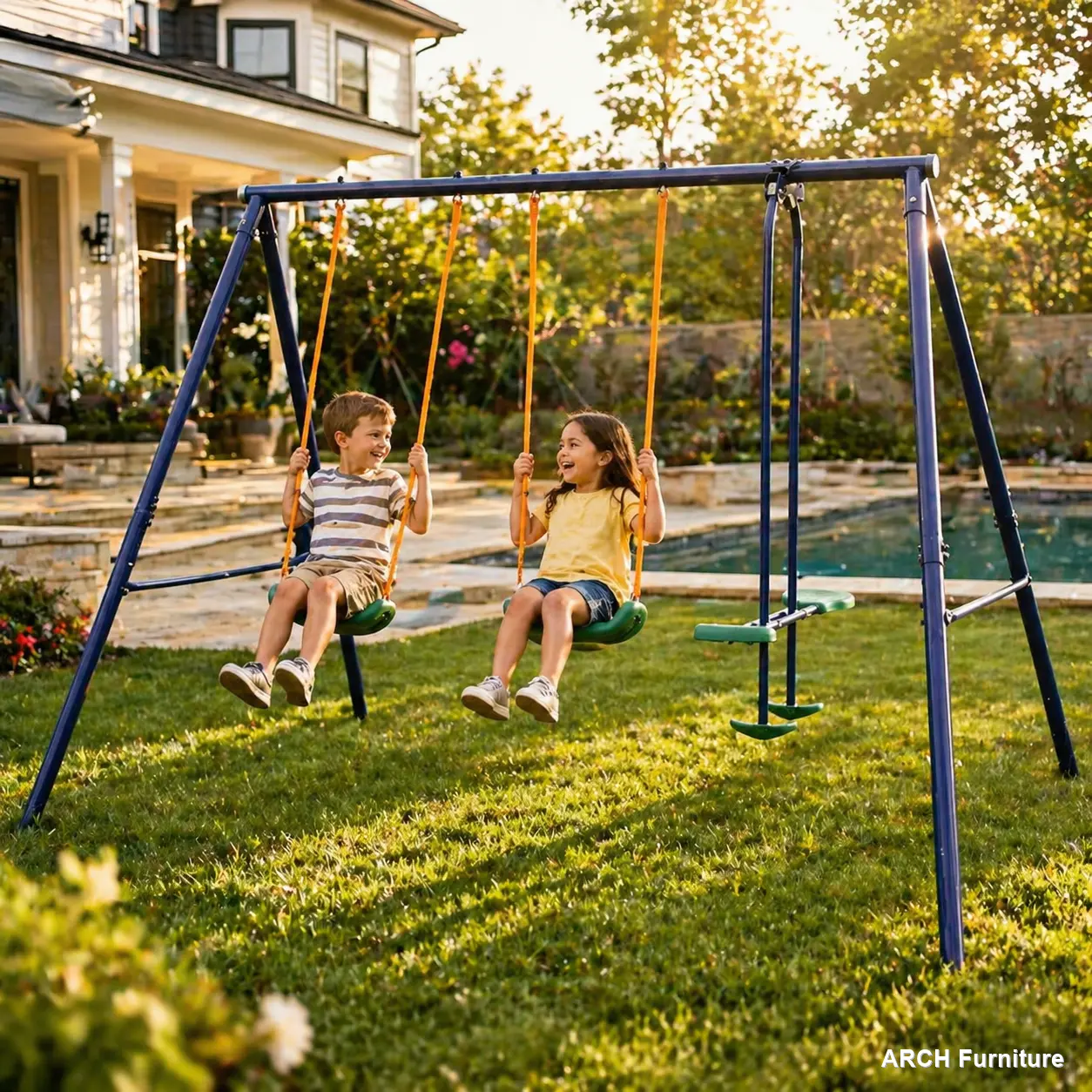 2-in-1 Kids Outdoor Swinging Play Swing Set - 124" x 74" x 73", Durable Steel Frame, Belt Swing, Glider, Weatherproof Pre-Drilled Parts, Easy to Assemble, Essential Tools Included, Fits 2 Children, Backyard Outdoor Furniture Equipment