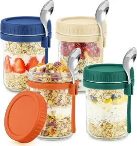 Deal - Glass 4 Pack Overnight Oats Containers with Lids & Spoons 16 Oz Mason Jars - Leak Proof Oatmeal Container for Meal Prep, Fruit, Vegetable & Yogurt.