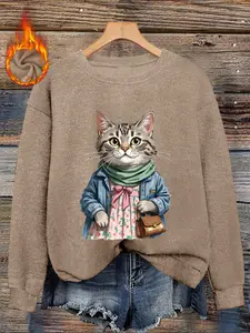 [Autumn and Winter] Women's casual and fashionable round neck faux sweater top, animal pattern, kitten print comfortable round neck faux sweater top, suitable for autumn and winter season, Halloween gift, Thanksgiving gift, Christmas gift, Fit
