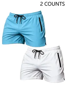 Men's Two-Piece Zippered Pocket Beach Shorts, Sports Shorts Set, Athletic Shorts Set, Comfortable Breathable Mesh Lining, Ideal for Outdoor Sports, Gym, Soccer Field