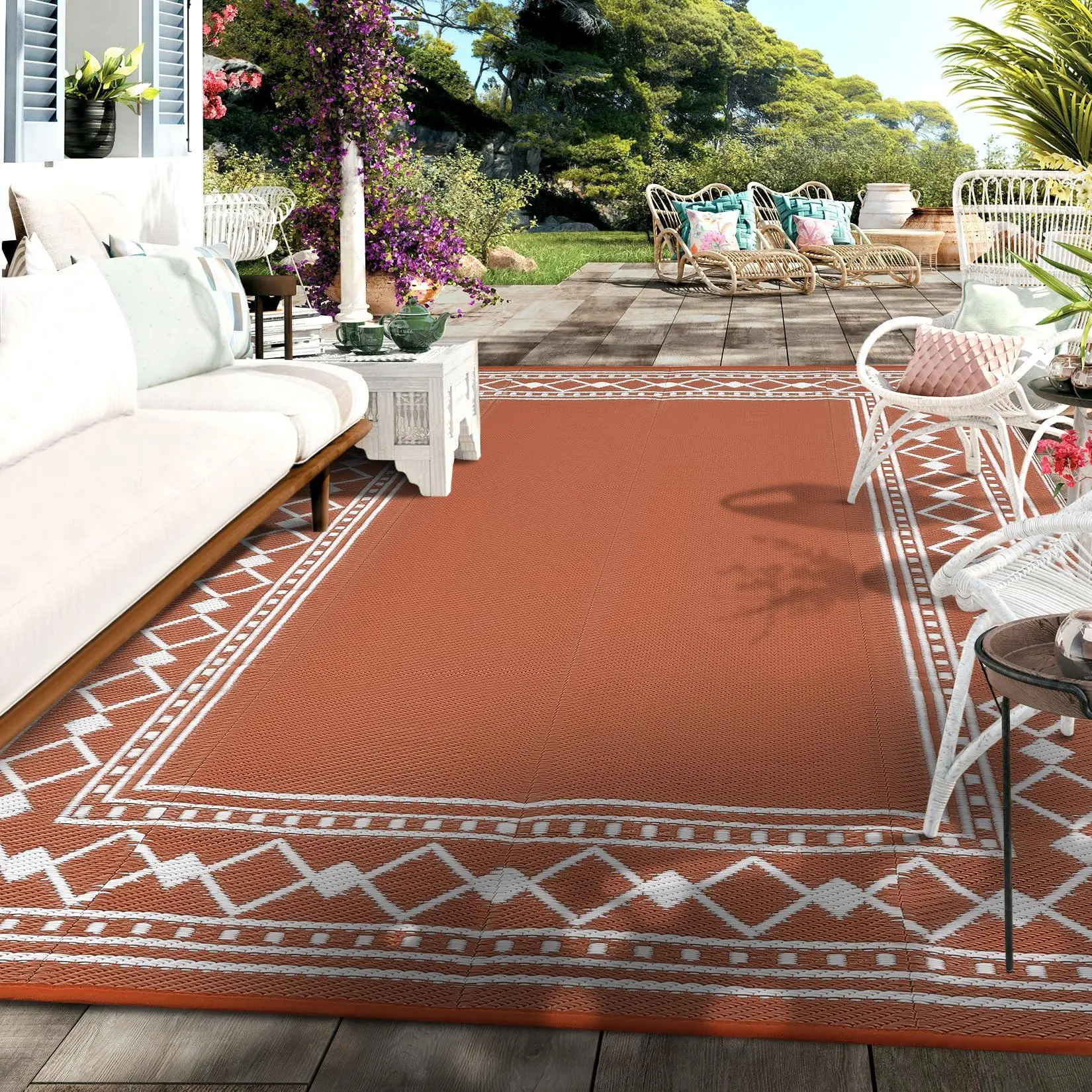 Terracotta Orange Outdoor Rug 9x12 Diamond Border Area Rugs for Indoor and Outdoor Patios and Porches - Waterproof, Washable, Non-Shedding, Easy-to-Clean Outside Carpet