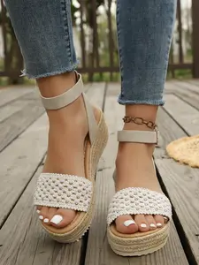 Versatile Straw Peep Toe Wedge Sandals, One-Strap Design, Comfortable Outdoor Wear, Non-Abrasive Height-Increasing Shoes, All Seasons Fashion