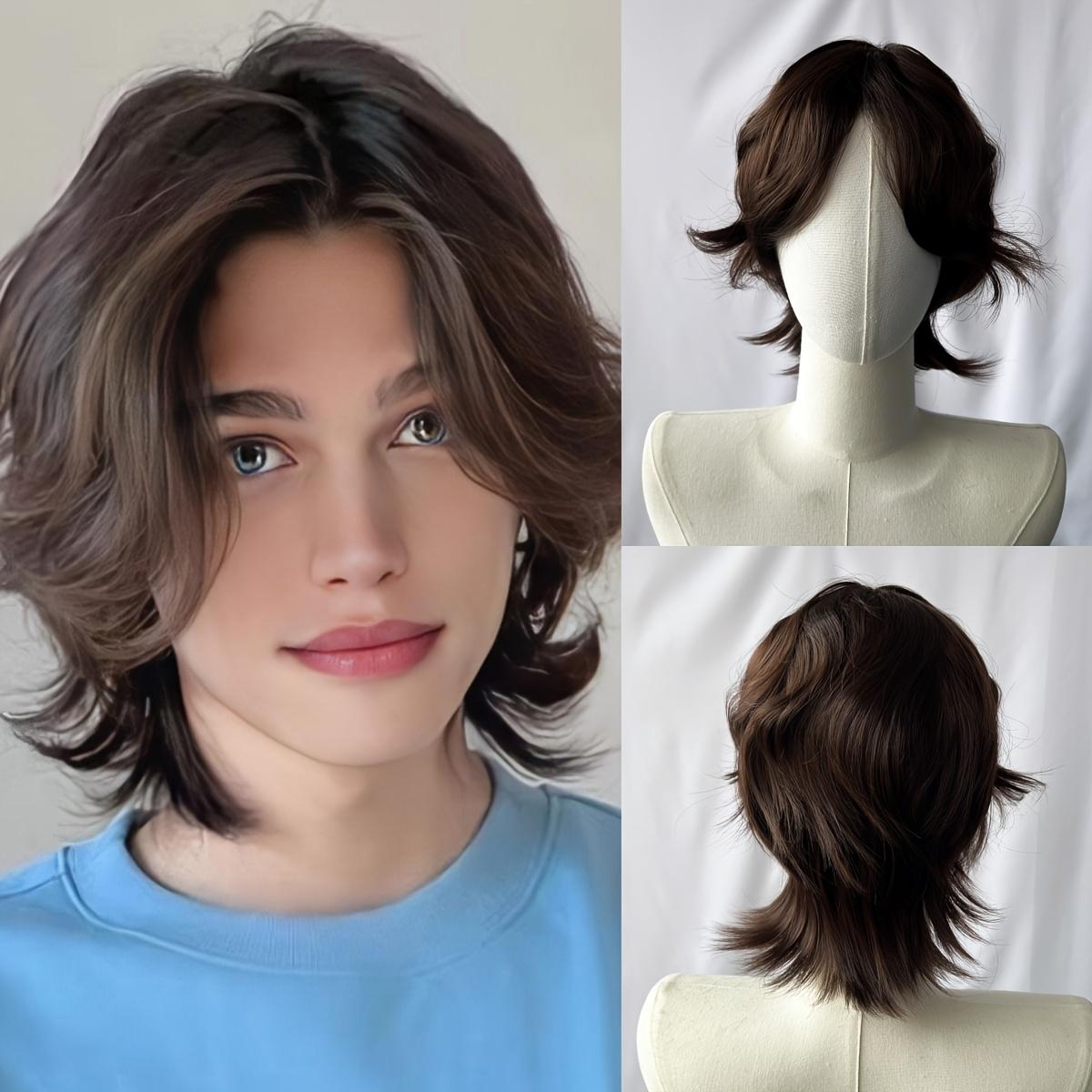 Men's Short Wig Wolf Tail Mullet Cosplay Halloween Wig with Button Net, Easy to Wear