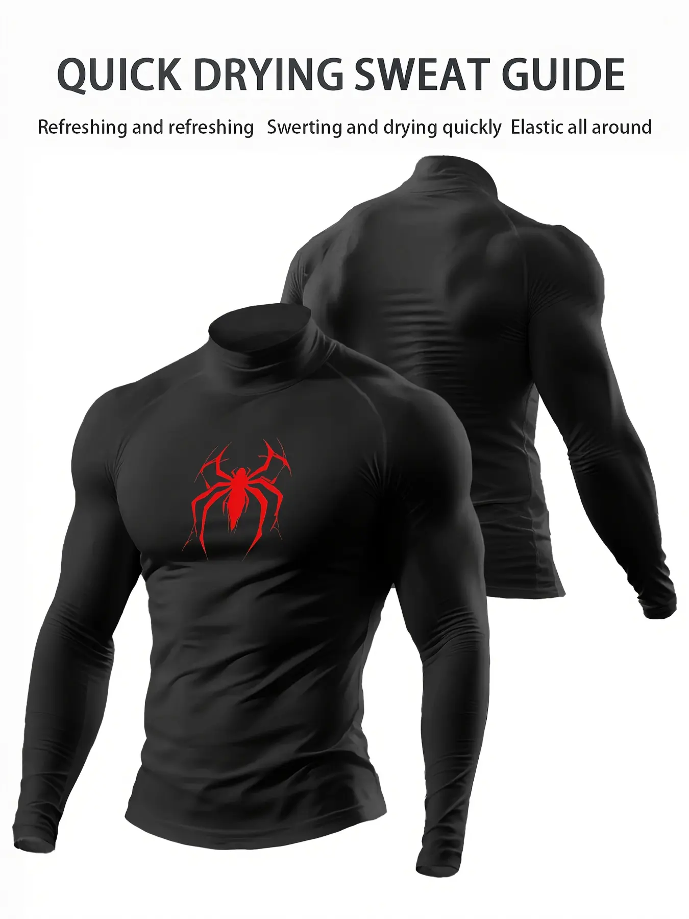 Men's Sporty Tight Fit Long Sleeve High Neck Shirt, Fitness Clothes Tops, Fitness Sport Top, Classic Spider Print, Quick Dry Breathable Fabric, Ideal for Gym Running Cycling, Gym Tees
