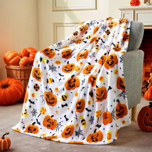 Halloween Throw Blanket, Orange Pumpkin Soft Plush Blanket, Halloween Blanket with Ghost, Horror, Witch, Cat, Spider Web, Bat, Pumpkin Elements, Suitable for Bed, Sofa, Bedroom, Library, Travel, Funny Halloween Gifts for Family and Friends