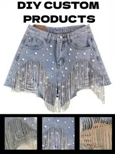 DIY Women’s Y2K Beaded Denim Shorts  Handmade Pearl Fringe Mid Waist Jean Shorts | Custom Style