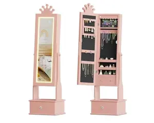 Kids Jewelry Cabinet with LED Full-Length Mirror, Freestanding Princess Vanity with Drawers & Jewelry Organizer, Wooden Armoire with Lights for Girls Dress Up, Perfect Birthday Light