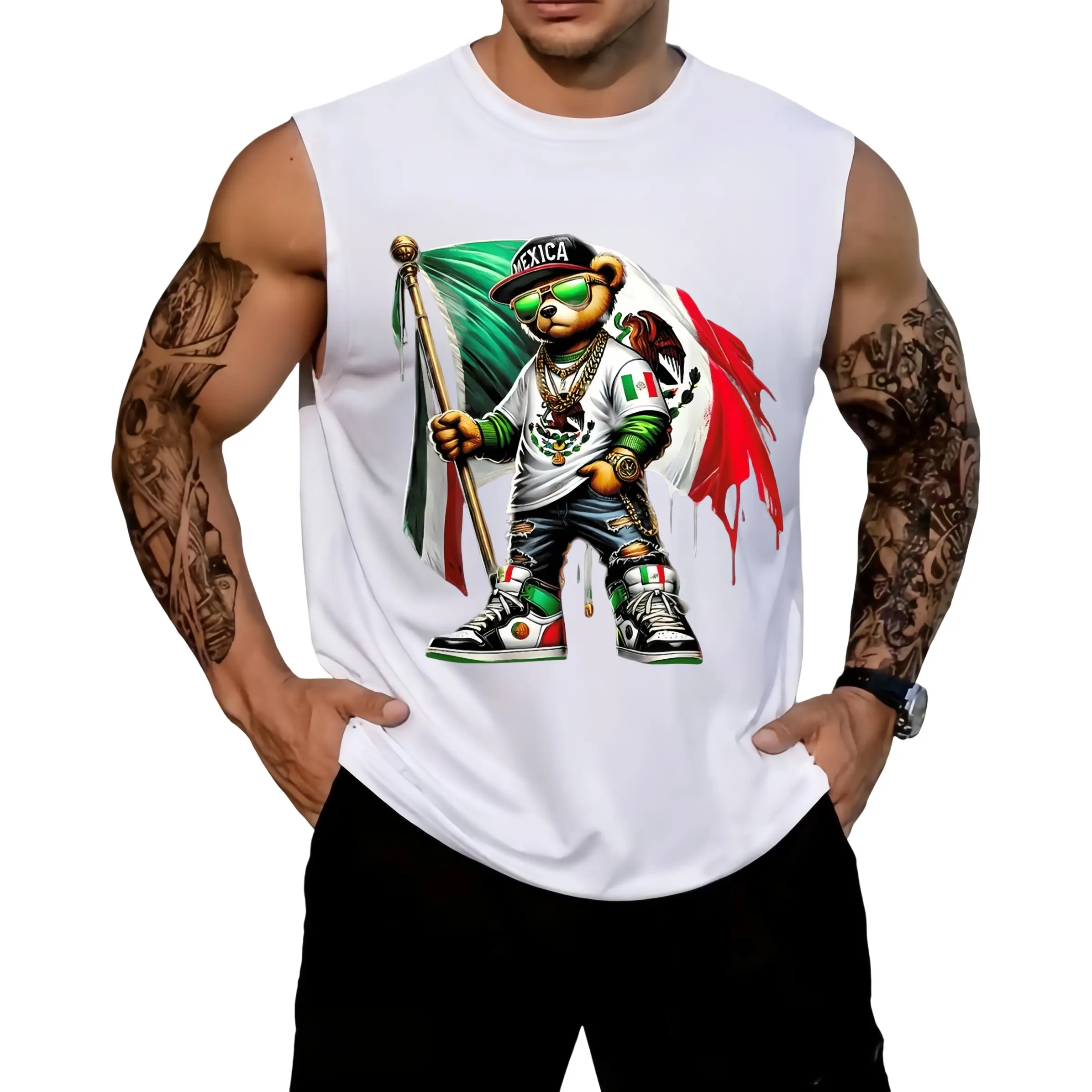 HAGBDH Sporsity Men Graphic Vest with Cool Mexican Pride Bear Stylish Casual Wear Trendy Fashion Streetwear Graphic Sleeveless Crew Neck Top for Summ
