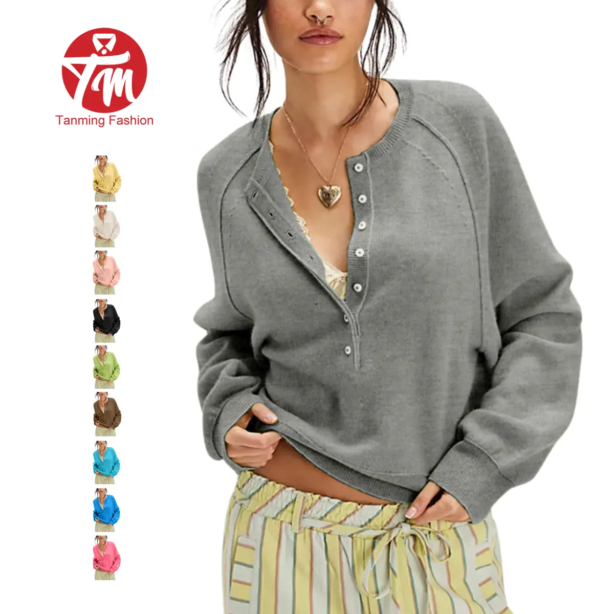 Tanming Women's Fitted Minimalist Basic Long-Sleeve Henley Neck Half-Button Pullover, Lightweight Solid Knit Casual Cute Tops for Work, Travel