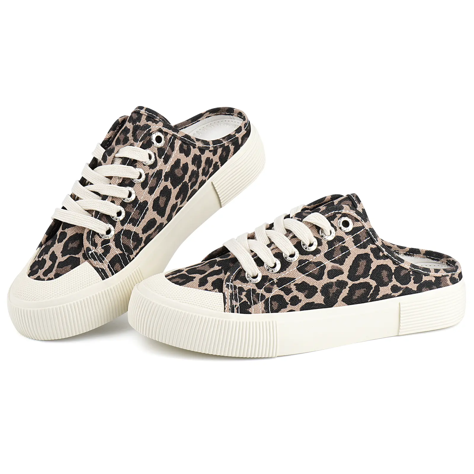 JENN ARDOR Women's Leopard Print Backless Canvas Mule Sneakers - Casual Streetwear Mules, Comfortable Walking Shoes