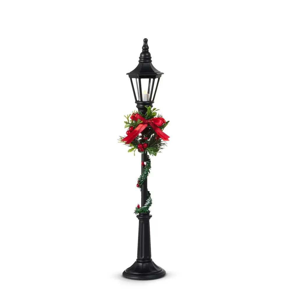 18.5" Lighted Black Lamp Post With Wreath Battery Operated