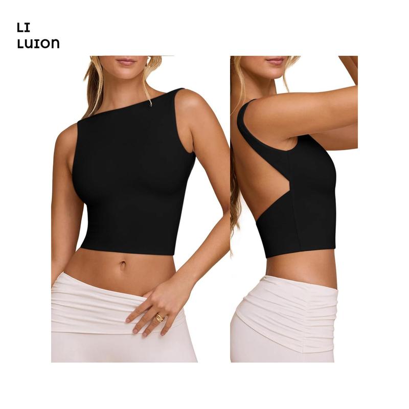 Women's Flexible Tank Tops CasualFit Boat Neck Sleeveless Open Back Solid Color Backless Shirt for Summer
