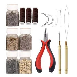 Hair Extensions Beads & Tool Kit – 2500 Pcs Silicone Lined Micro Links Ringswith 3‑Hole Pliers, Sewing Thread, Loop Threader, Pulling Hook, 8 Sewing Needles (Dark Brown) – for I‑Tip, Weft, Tinsel & DIY