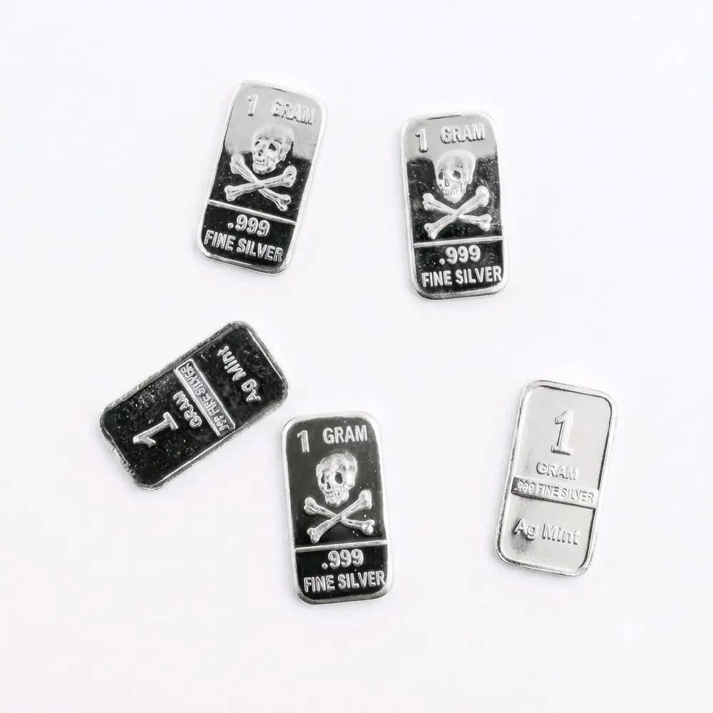 Lot of 5 One Gram .999 Silver Skull Bars