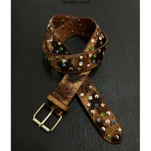 Horsehair Belt with Star Textured Colored Diamond Rivets – Vintage Medieval Street Style Unisex Belt, Handcrafted Durable Fashion Accessory, Daily Wear & Party Outfit, Gift for Men & Women