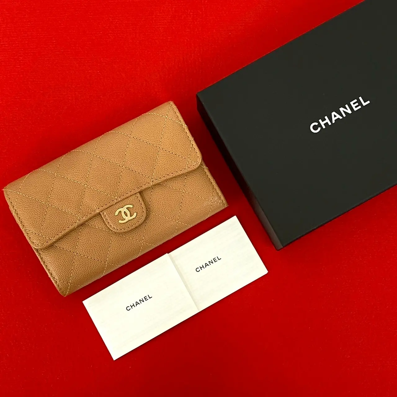 Pre-owned CHANEL Calfskin Small Leather Goods Matelassé Caviar Leather Tri fold Wallet