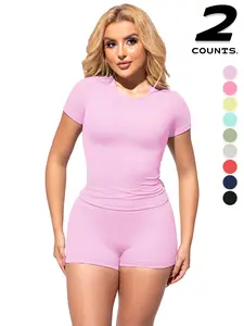 2PCSWomen's Solid Color Short Sleeve Tee & Shorts Set, Breathable Workout Running Clothes Gym Yoga Running, Comfortable Sportswear for Women