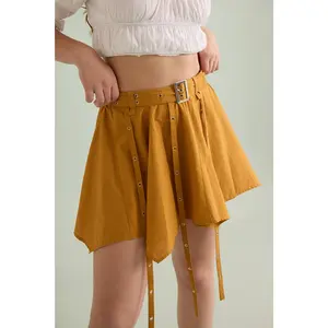 Women's Marlee Patty-Accented Mustard Skirt, Feminine Silver-Accent Fabric Bottom, Adjustable Fit