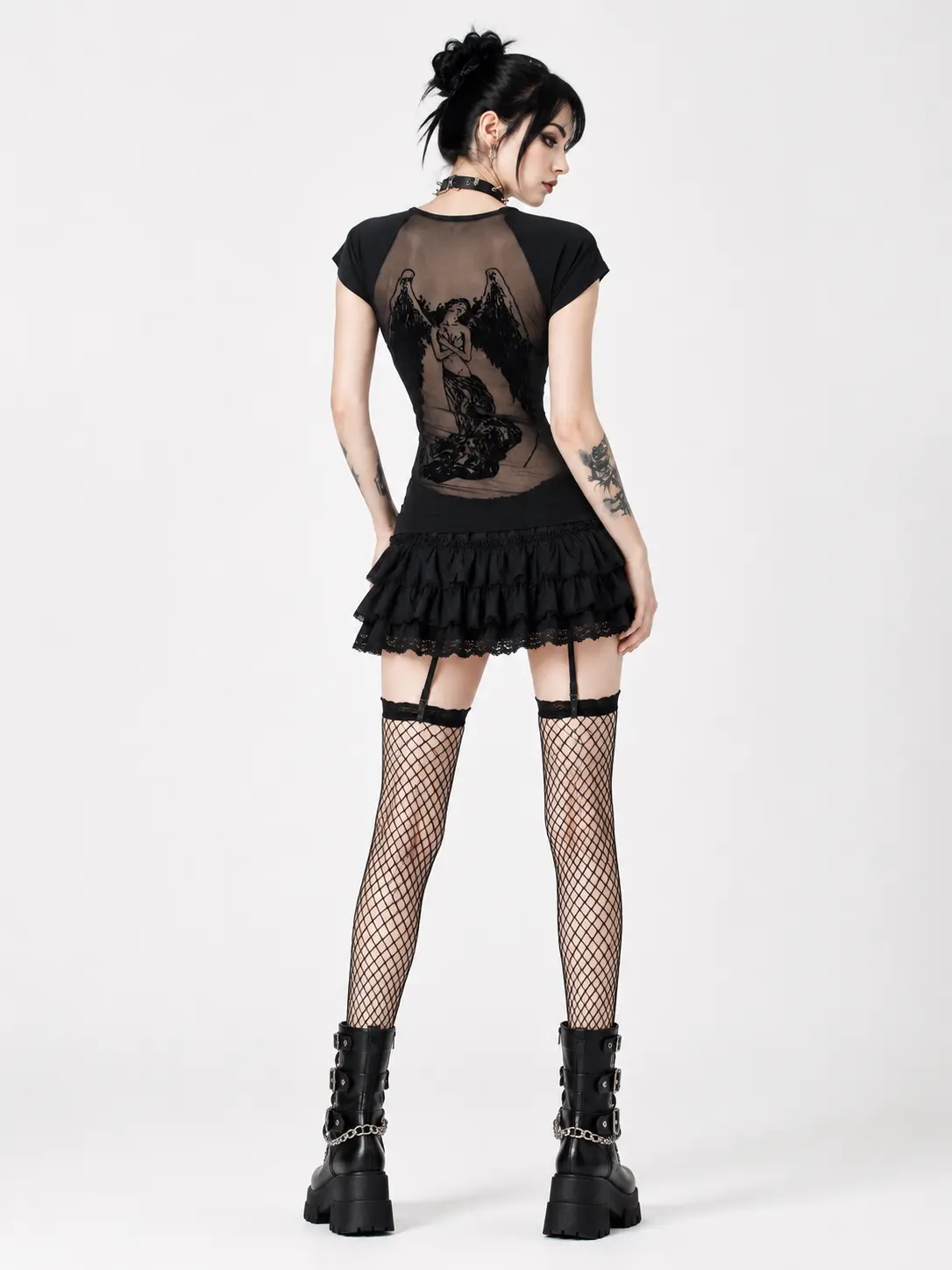Women's Gothic Style Transparent Mesh Top, Angel Pattern Raglan Short Sleeve Slim Fit T-Shirt, Y2K Streetwear for Going Out Womenswear Black