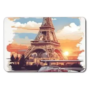 Diatom mud floor mat  Vintage White Convertible Eiffel Tower at Sunset in A Vibrant, Stylized Parisian Urban Backdrop