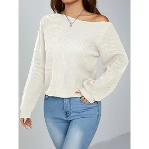 Pullover Slanted Shoulder Ribbed Women's Sweater,Long Sleeve Tops,Off The Shoulder Sweater In Fall/Winter