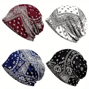4-piece set, printed women's brimless hat, hip-hop style lazy loose hat, lightweight elastic headscarf, retro outdoor sports women's headscarf