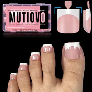 【LIVE】MUTIOVO French Tip Toe Nail Tips Press on, Sharp Square Pre-Designed Soft Gel False Toenail Extension, BABY PINK Pre-applied Tip Primer & Base Coat, Full Cover Acrylic for DIY x 15 Sizes 240 pcs