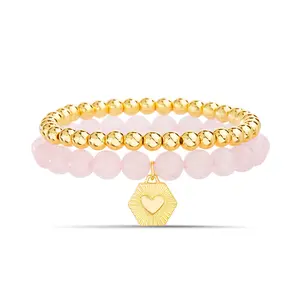 Rose Quartz Heart Charm Stretch Bracelet Set